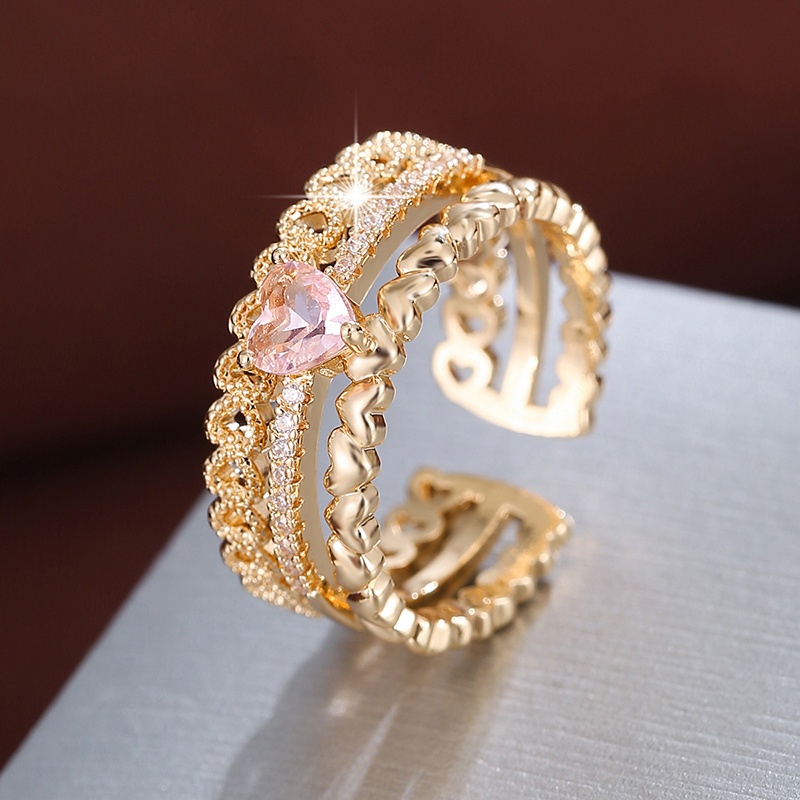 Boho Heart Open Ring CZ Golden Plated Adjustable Mother's Gift